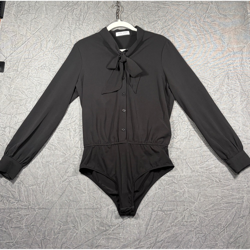 Kate Kasin Bodysuit Women Medium Black Tie Neck Button Down Long Sleeve Blouse